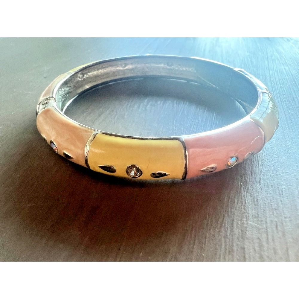 Vintage Enamel Hinged Bangle Bracelet Pastel Rhinestone Accents Soft Pink Yellow
